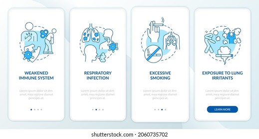Factors leading to pneumonia onboarding mobile app page screen. Weak immunity walkthrough 4 steps graphic instructions with concepts. UI, UX, GUI vector template with linear color illustrations
