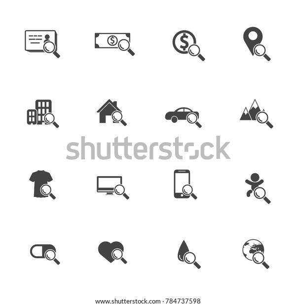 Factors of living\
searching icons set on Isolated white background. Estate and money\
concept. Illustration\
vector