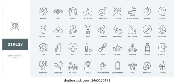 Factors of mental health problems, social media chat incidents and relationship tension, insomnia thin black and red outline symbols, vector illustration. Stress and depression causes line icons set