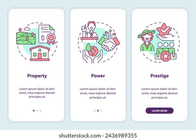 Factores de estratificación social en el abordaje de la pantalla de la aplicación móvil. Tutorial 3 pasos instrucciones gráficas editables con conceptos lineales. UI, UX, plantilla GUI. Myriad Pro-Bold, Fuentes regulares utilizadas