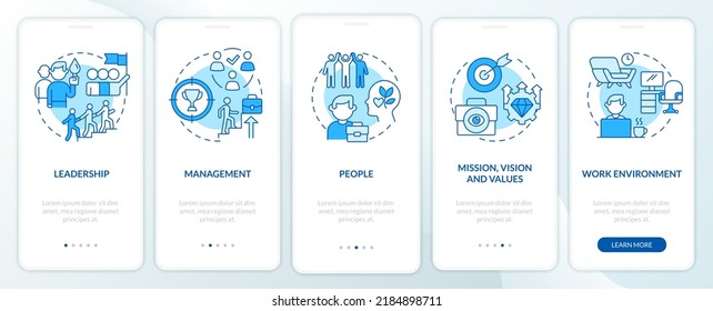 Factors that affect workplace culture blue onboarding mobile app screen. Walkthrough 5 steps editable graphic instructions with linear concepts. UI, GUI template. Myriad Pro-Bold, Regular fonts used