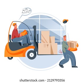 Factory accident with risk for health between careless forklift driver and colleague vector illustration. Cartoon man in overall and helmet carrying boxes, storage loader transport hitting worker