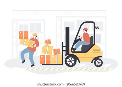 Factory Accident With Worker And Forklift Driver In Warehouse. Man Carrying Boxes, Falling From Unsafe Hit Of Loader Flat Vector Illustration. Injury At Workplace, Compensation, Insurance Concept