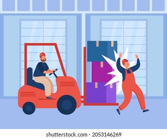 Factory Accident With Worker In Warehouse. Injured Male Employee From Forklift Controlled By Driver Flat Vector Illustration. Risk Of Injury, Insurance, Compensation For Damage To Health Concept