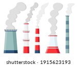 Factory air pollution. Environmental contamination carbon dioxide emissions. Toxic factories and plants with fumes or smog. Polluting chimneys vector illustration.