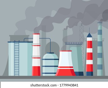 Contaminación del aire de fábrica. Emisiones de dióxido de carbono por contaminación ambiental. Fábricas y plantas tóxicas con humos o smog. Ilustración vectorial de chimeneas contaminantes.	