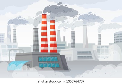 Factory air pollution. Polluted environment, industrial smog and industry smoke clouds. Environment carbon dioxide pollutions, toxic factories building fumes or dirty fuel smog vector illustration