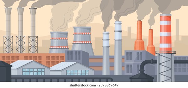 Factory air pollution. Polluted environment dirty bad ecology, industrial chimney toxic smoke pollute city sky, oil gas factory coal industry carbon smog, neat vector illustration