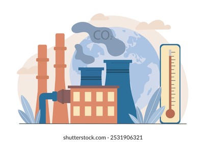 Contaminación del aire de la fábrica. Medidor de pureza de aire cerca de la fábrica sucia. Autorización de residuos de Co2 en el medio ambiente. Cuidar la naturaleza y la ecología. Ilustración vectorial plana aislada sobre fondo blanco