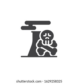 Factory air pollution vector icon. Pipe with smog and death skull filled flat sign for mobile concept and web design. glyph icon. Toxic factory chimney symbol, logo illustration. Vector graphics