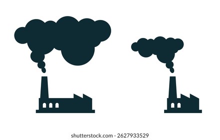 Imagem simples do símbolo da poluição da nuvem do dióxido de carbono da fábrica ícone da poluição da emissão da poluição do céu grande e pequeno vetor gráfico da ilustração, forma da silhueta da planta da indústria com co2 símbolo da poluição da nuvem
