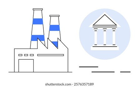 Factory alongside a classical government building icon within a blue circle Ideal for, themes of industry government regulation economy infrastructure corporate governance and public policies