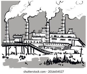Zona de fábrica, tubos de humo, ilustración en blanco y negro, boceto urbano, exterior ficticio