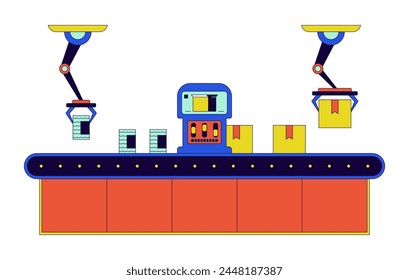 Factory assembly line boxes 2D linear cartoon object. Packaging robotic arms isolated line vector element white background. Canned food manufacturing automation color flat spot illustration