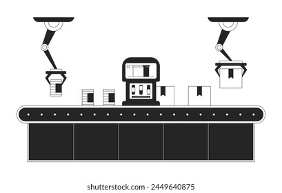 Factory assembly line boxes black and white 2D line cartoon object. Packaging robotic arms isolated vector outline item. Canned food manufacturing automation monochromatic flat spot illustration