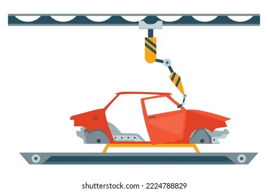 Factory assembly line. Industry robot arm assemble car on conveyor belt. Automobile factory with automated manufacture. Vehicle production process with innovative equipment. Robotic automotive