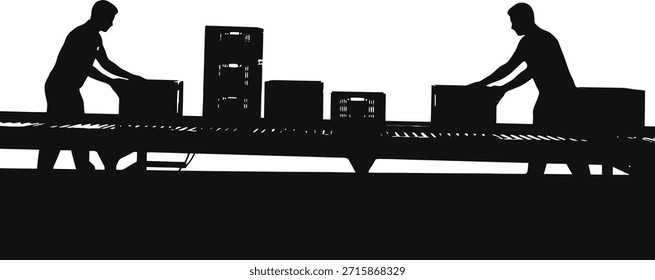 Factory assembly line silhouette vector illustration featuring workers manufacturing products conveyor belt.