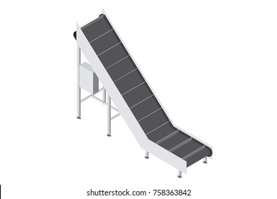 Factory Automated With Conveyor Belt Forklift. Automated Production Line In The Plant. Machinery For Food Engineering. Isometric Vector Flat 3d Illustration