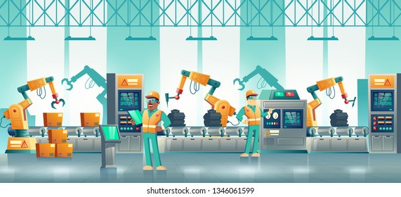 Factory automated packaging line, plant robotized production, innovative manufacturing with computer numerical control technologies cartoon vector. Industrial technician, engineer working on conveyor