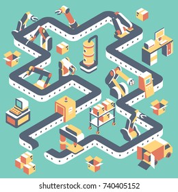 Factory automated production line vector flat isometric illustration with conveyor belt, industrial robots and manufacturing equipment.