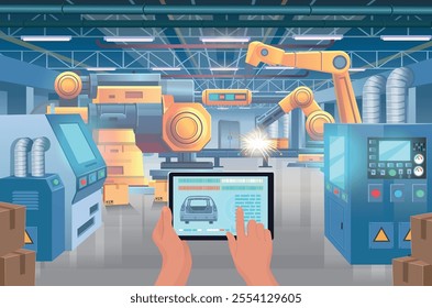 Factory. Automation automobile factory with machine tools and a conveyor. Industrial interior. Smart factory. Vector cartoon illustration