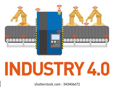 Factory automation and conveyor belt, Industry 4.0, Internet of Things, vector illustration