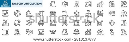 Factory Automation Line Icons Set. Outline Industrial Automation, Smart Factory, Manufacturing, Industry 4.0 Editable Stroke Vector Collection