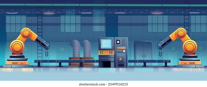 Fundo de fábrica para o jogo. Linha industrial de fabricação de fábrica. Máquinas de alta tecnologia. Ilustração vetorial.