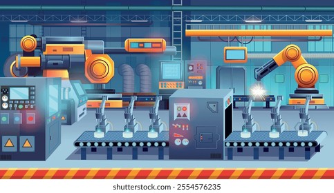 Factory background for game. Factory manufacturing industrial line. High tech machinery. Vector illustration.