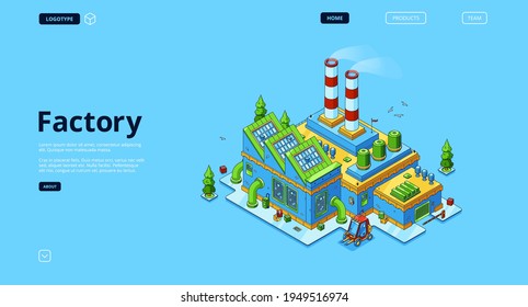 Factory banner. Modern industry building, power station or manufactory. Vector landing page with isometric production plant exterior with chimney pipes, warehouse and forklift