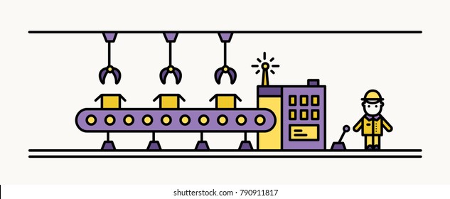 Factory belt conveyor equipped with hanging robotic manipulators conveying boxes and industrial worker in hard hat standing at controlling panel. Colored vector illustration  in line art style.