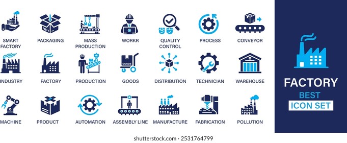 Fábrica mejor conjunto de iconos sólidos colección. Fábrica inteligente, embalaje, producción en masa, trabajador, control de calidad, proceso y Ilustración vectorial.