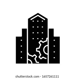 Icono negro de fábrica, ilustración conceptual, símbolo plano vectorial, signo de glifo.