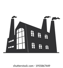 Factory black silhouette with smoking chimneys. Industrial building facade. Air pollution.Plant sign.Vector flat illustration.Isolated white background.