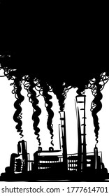 Factory black smoke Ecology air and environmental pollution, Global warming Harmful gas emissions from industry pipes half sky black cloud. Vector sketch, Hand drawn freehand illustration