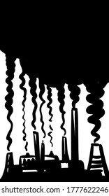 Factory black smoke Ecology air and environmental pollution, Global warming Harmful gas emissions from industry pipes half sky black cloud. Vector sketch, Hand drawn freehand illustration