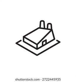 Fabrikplansymbol mit einer isometrischen Ansicht einer Produktionsanlage mit zwei Schornsteinen und einer Randbegrenzung, die die architektonische Standortplanung und die industrielle Gebäudegestaltung symbolisiert;