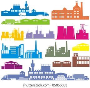 Factory, brewery, power plant/station, warehouse, refinery, chemical production plant - Manufacturing establishments color vector illustration set