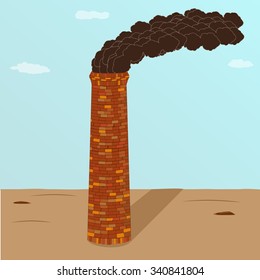A factory brick smoking pipe standing on earth with shade on a background blue sky with clouds