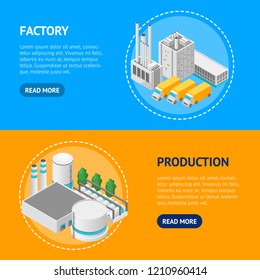 Factory Building Banner Horizontal Set Concept 3d Isometric View Element Map Industrial Structure Construction and Pipe. Vector illustration