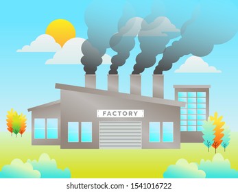 A factory or building with black smoke coming out of the chimney. Surrounded by nature and the sky. Vector illustration.