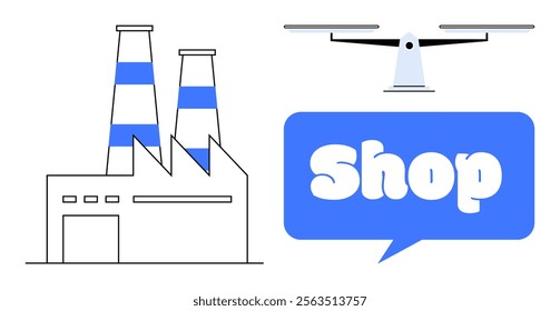 Factory building with blue smoke stacks beside a flying drone holding a bubble with the word Shop. Ideal for technology innovation, online shopping, drone delivery, modern logistics, and e-commerce