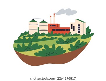 Factory building, chemical plant with chimneys, towers, cisterns, smoke. Heavy industry and ecology, nature concept. Industrial construction. Flat vector illustration isolated on white background