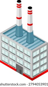 A factory building chimney industry isometric smoke stack roof window industrial plant factory building chimney industry isometric illustration with striped roof, window grid, red trim, gray wall