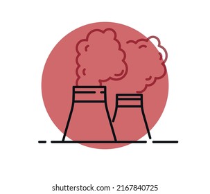 Factory building with chimney and smoke, icon. Flat vector illustration. Isolated on white.
