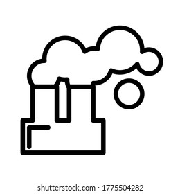 Construcción de fábrica con chimenea y humo, sencillo icono de contorno blanco y negro. Ilustración vectorial plana. Aislado sobre fondo blanco.