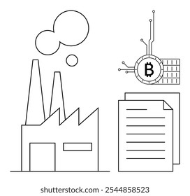 A factory building with chimneys, a Bitcoin symbol with circuit lines, and a document with lines. Ideal for finance, technology, digital currency, blockchain, and industrial themes. Simple line art