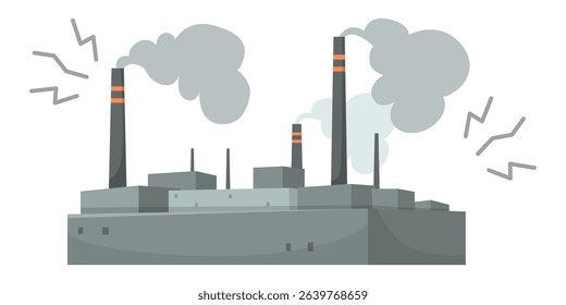 Factory building with chimneys releasing smoke and noise symbols in flat style on white background. Concept of industrial air and sound pollution. Vector illustration
