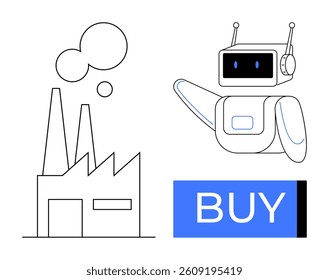 Factory building with chimneys, a robot pointing rightwards, and blue BUY button. Ideal for technological advancements, industrial automation, e-commerce, marketing, robotics, digital transformation