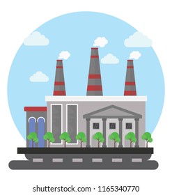 A factory building with the chimneys and smoke coming out